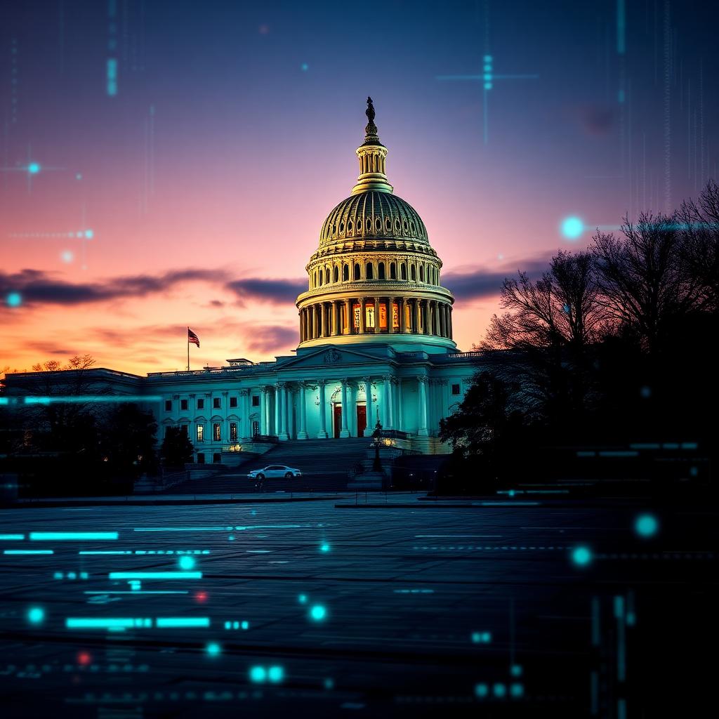 Capitol building overlaid with blockchain data representing US crypto legislation