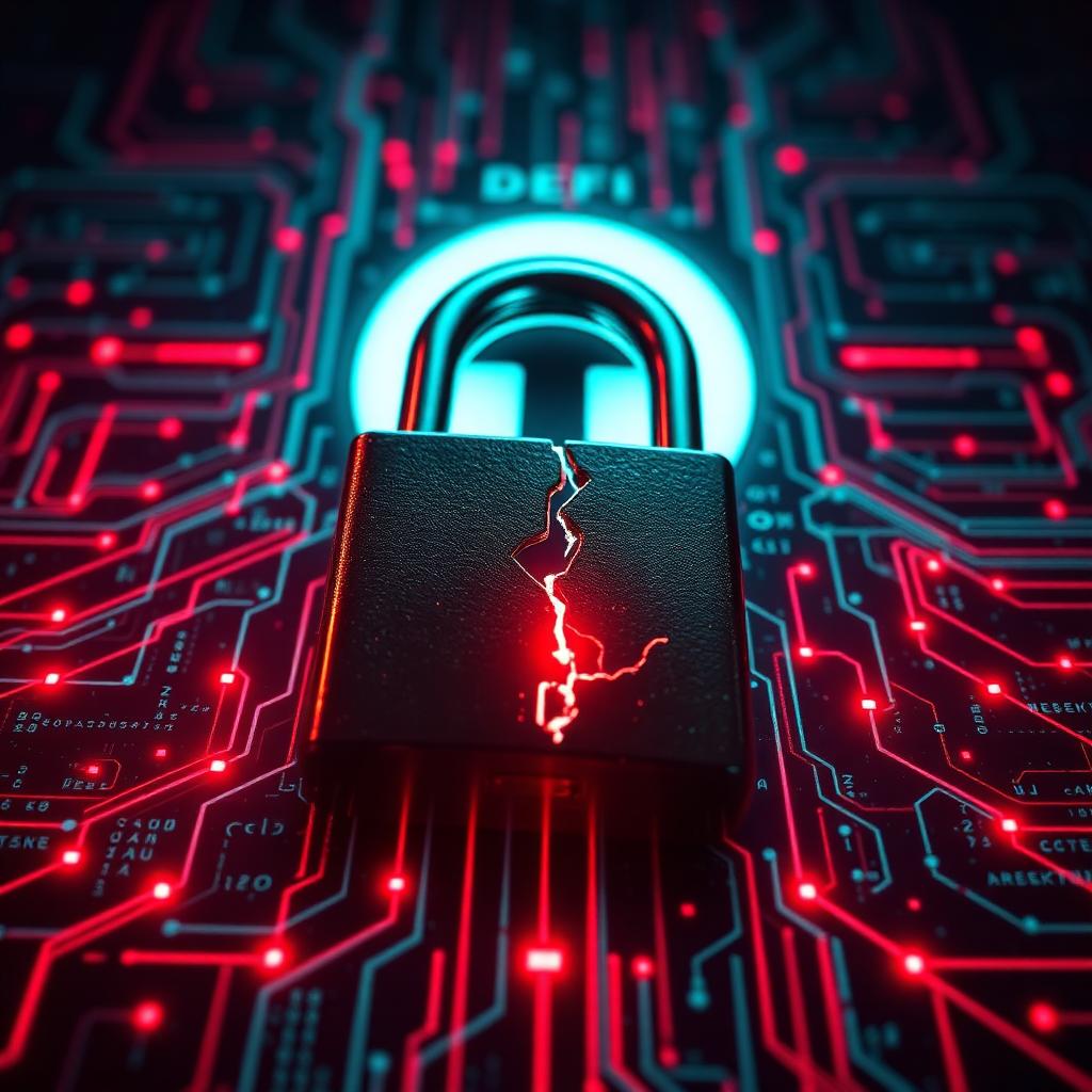 Broken padlock over a DeFi protocol network with red warning glow, representing an on-chain exploit