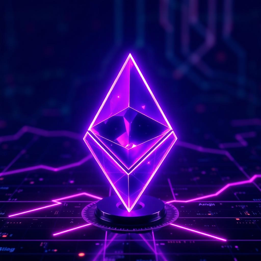 Glowing Ethereum crystal over a blockchain grid representing the Fusaka network upgrade