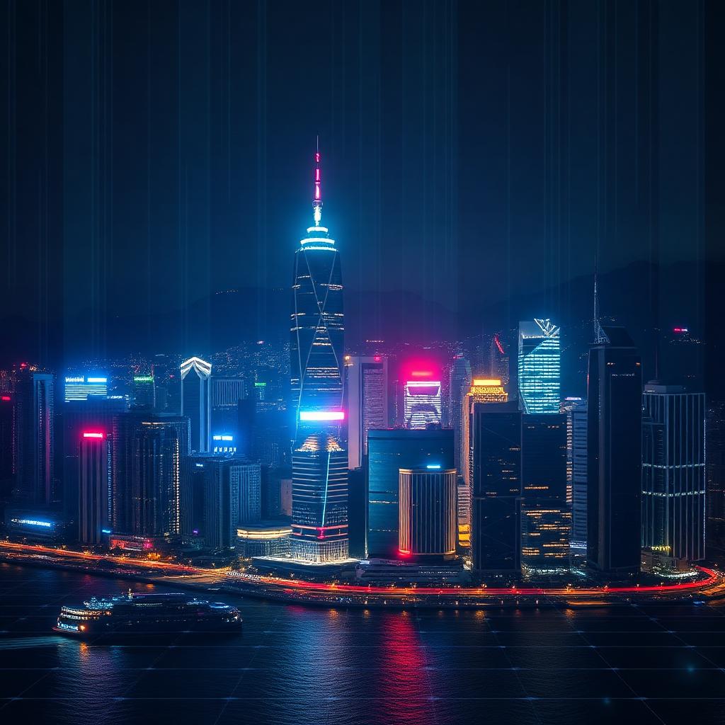 Hong Kong skyline at night with holographic stablecoin symbols, representing the HKMA licensing regime