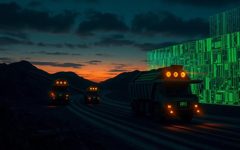 Mining haul trucks at dusk beside a wall of glowing green data nodes