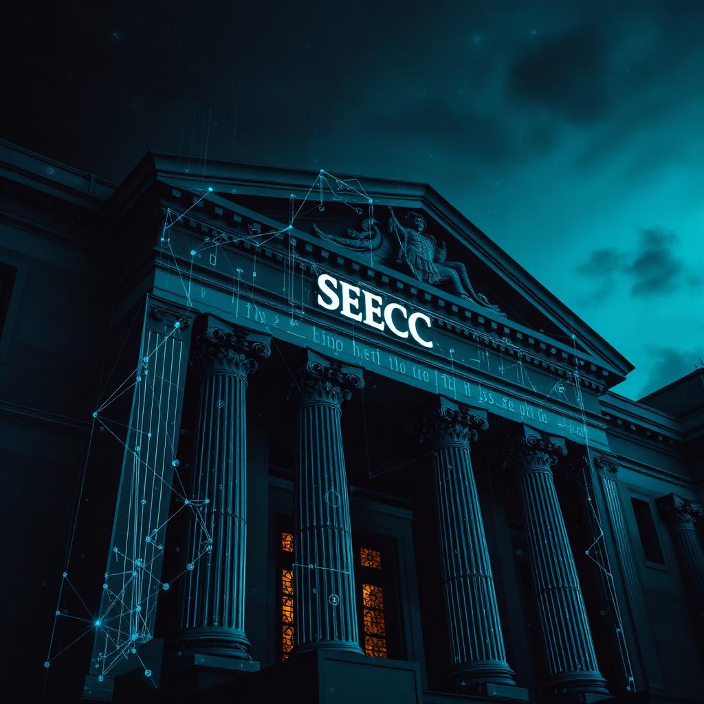 US SEC building overlaid with blockchain network representing spot crypto ETP framework