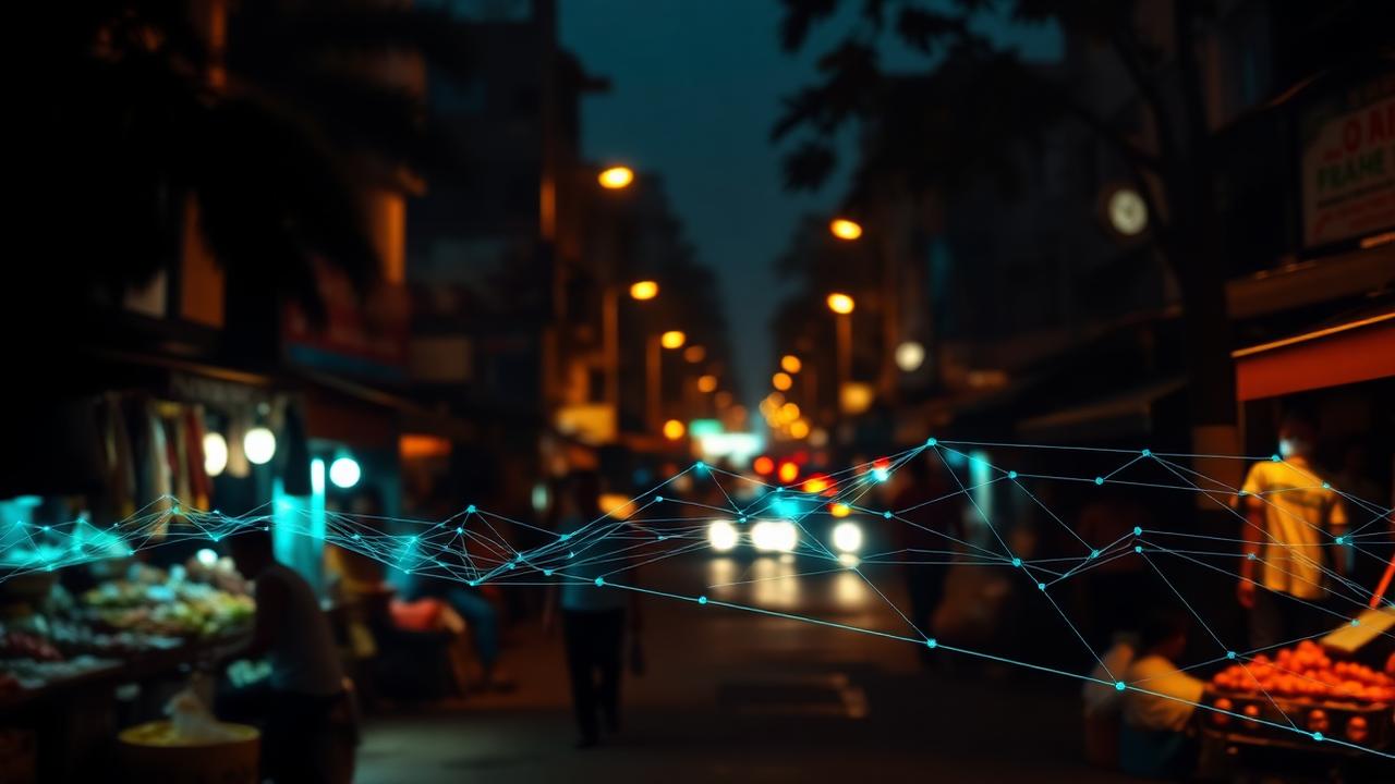 Dark world map with glowing remittance routes and mobile money icons