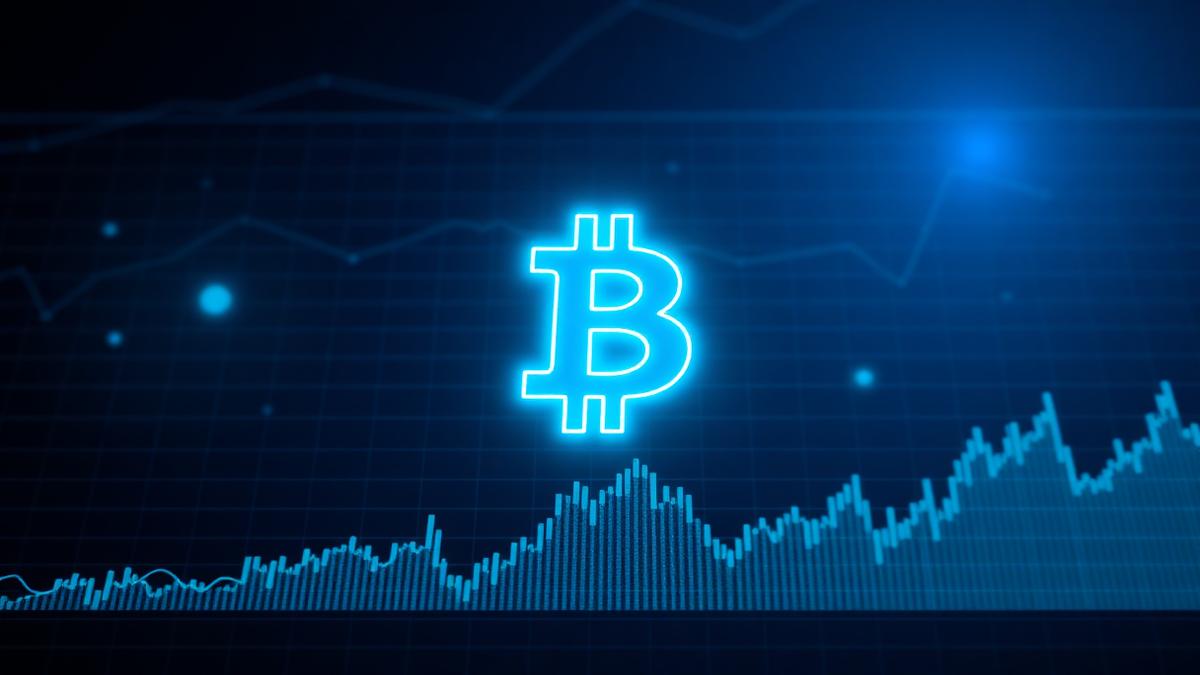 Neon bitcoin symbol above a rising market chart on a dark blue grid