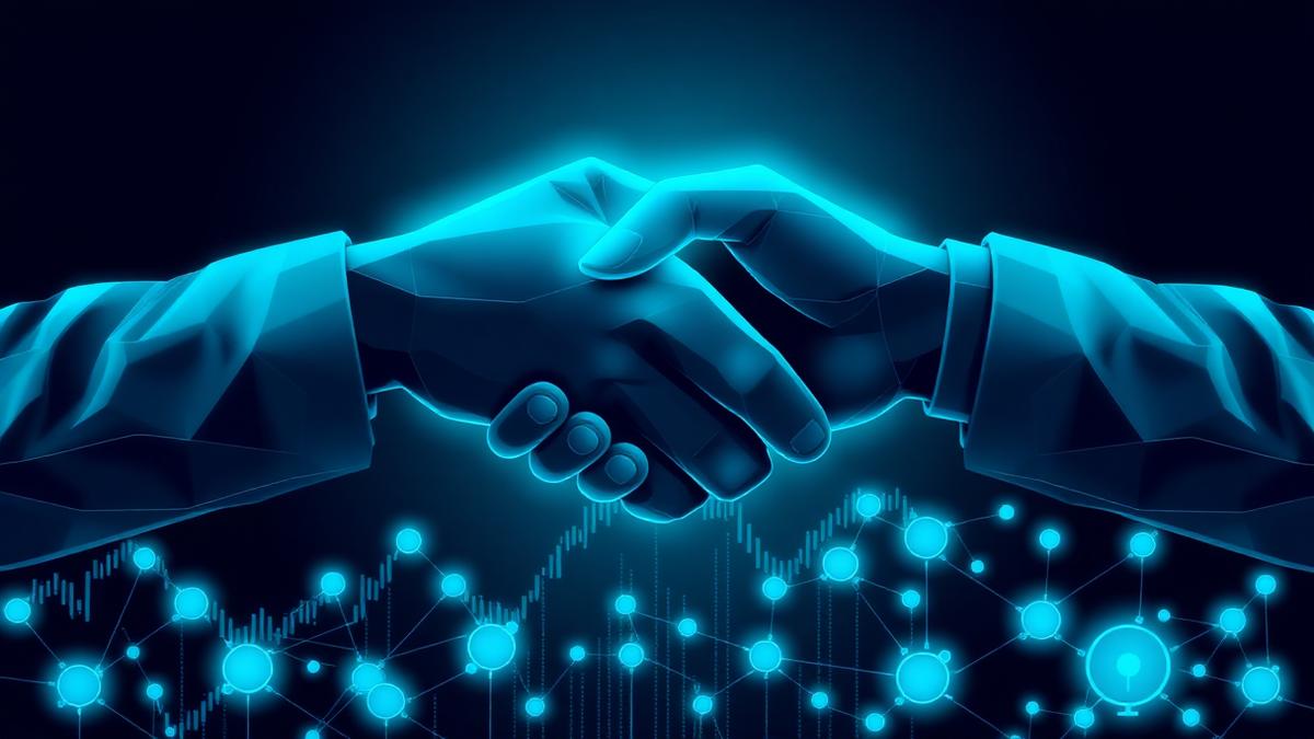 Neon geometric handshake above a glowing blockchain network and price chart