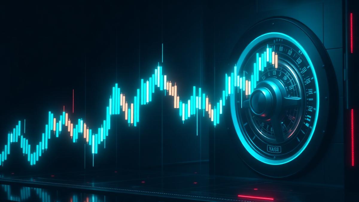 Glowing candlestick chart flowing into a neon vault door