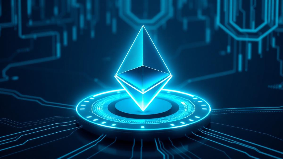 Glowing Ethereum crystal on a circuit-board platform