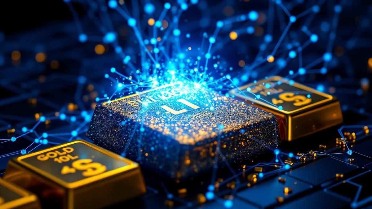 Gold bars dissolving into a glowing blockchain network