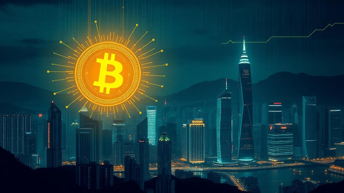 Hong Kong skyline at night with a glowing digital coin