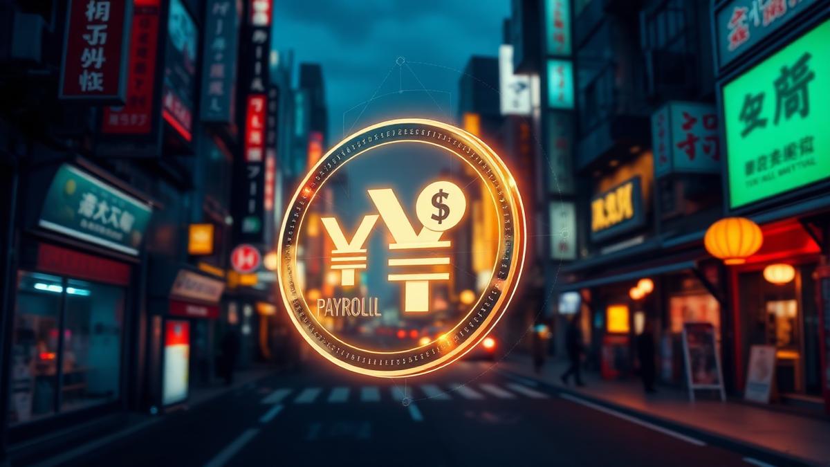 Tokyo street at night with a glowing yen stablecoin hologram