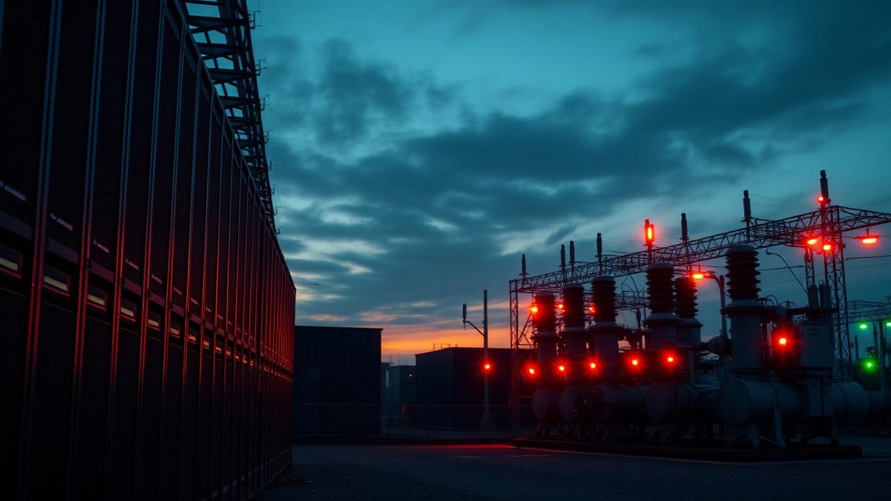 Rows of glowing servers connected to a neon network mesh
