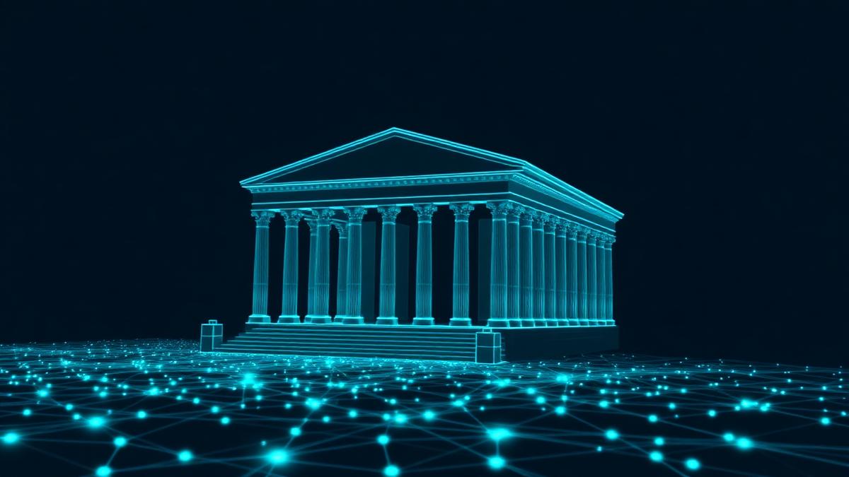 Neon wireframe government building above a glowing network mesh