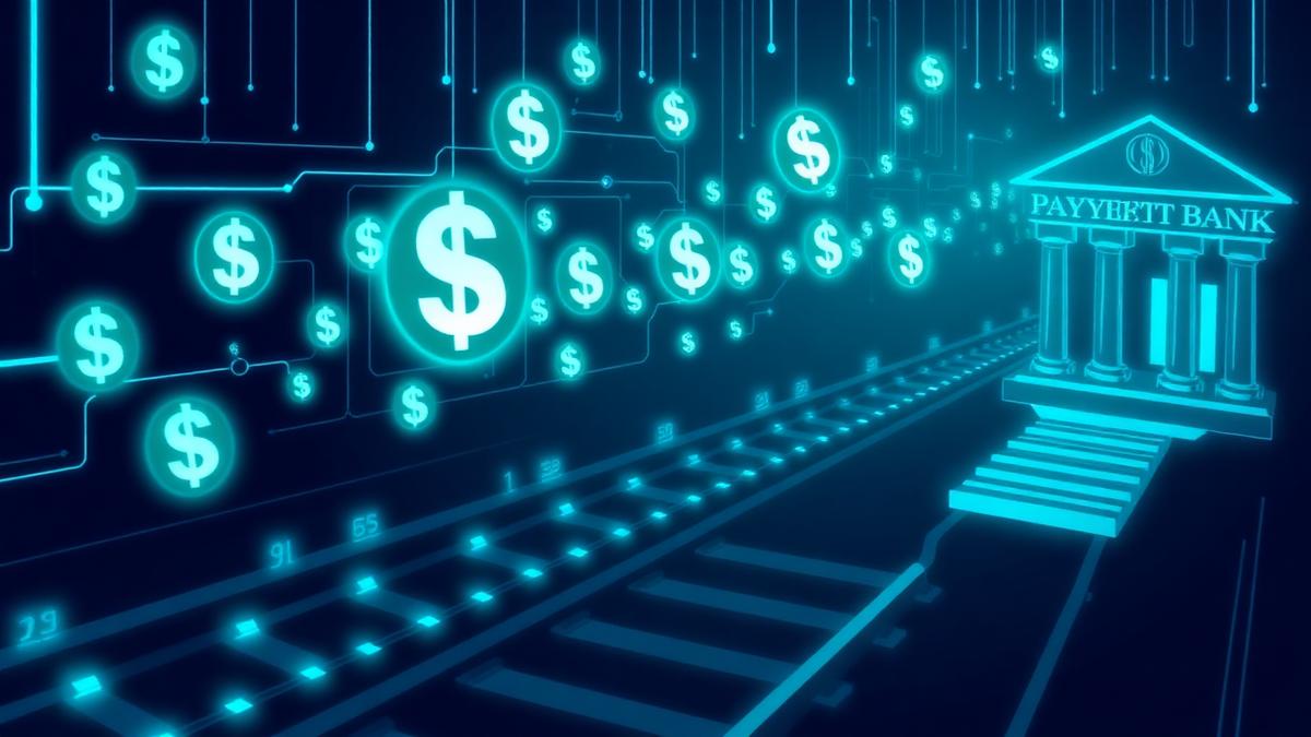 Glowing digital dollar coins travelling along neon payment rails toward a bank
