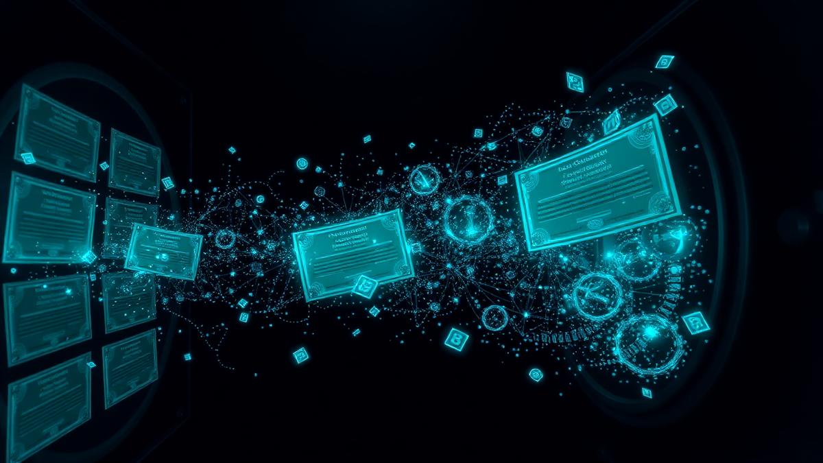 Glowing certificates dissolving into blockchain tokens inside a dark vault